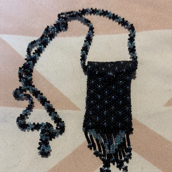 Beaded Black Medicine pouch Necklace with Fringe - Picture 3 of 3